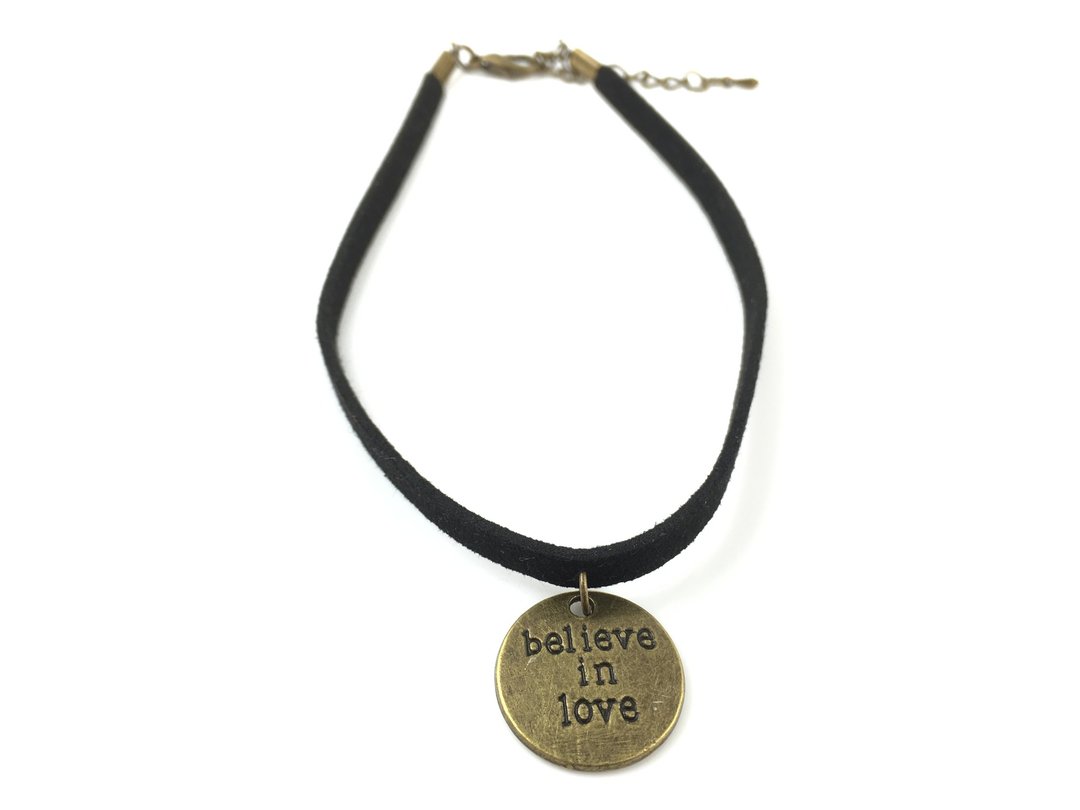 古铜圆牌Believe in Love颈链 - 项链 - 真皮 黑色