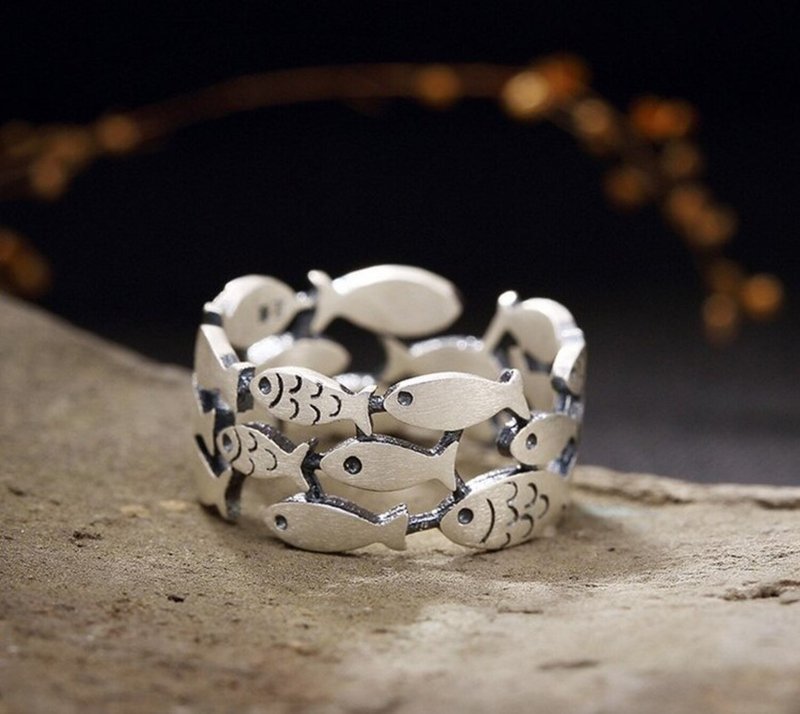 Real 990 Fine Silver Opening Rings for Women Lovely Fishes Finger Ring Ethnic - 戒指 - 银 银色