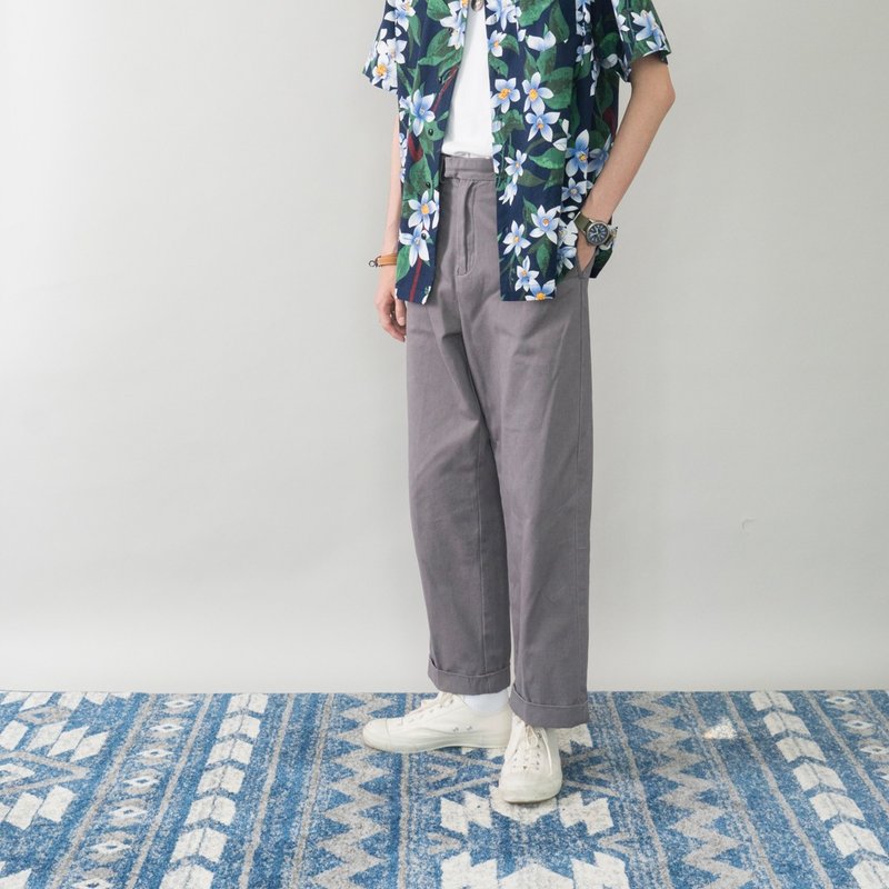 日系搭配 巴黎扣复古休閒褲 斜纹布9分宽松直筒垂感工装裤男女 - 男士长裤 - 棉．麻 灰色