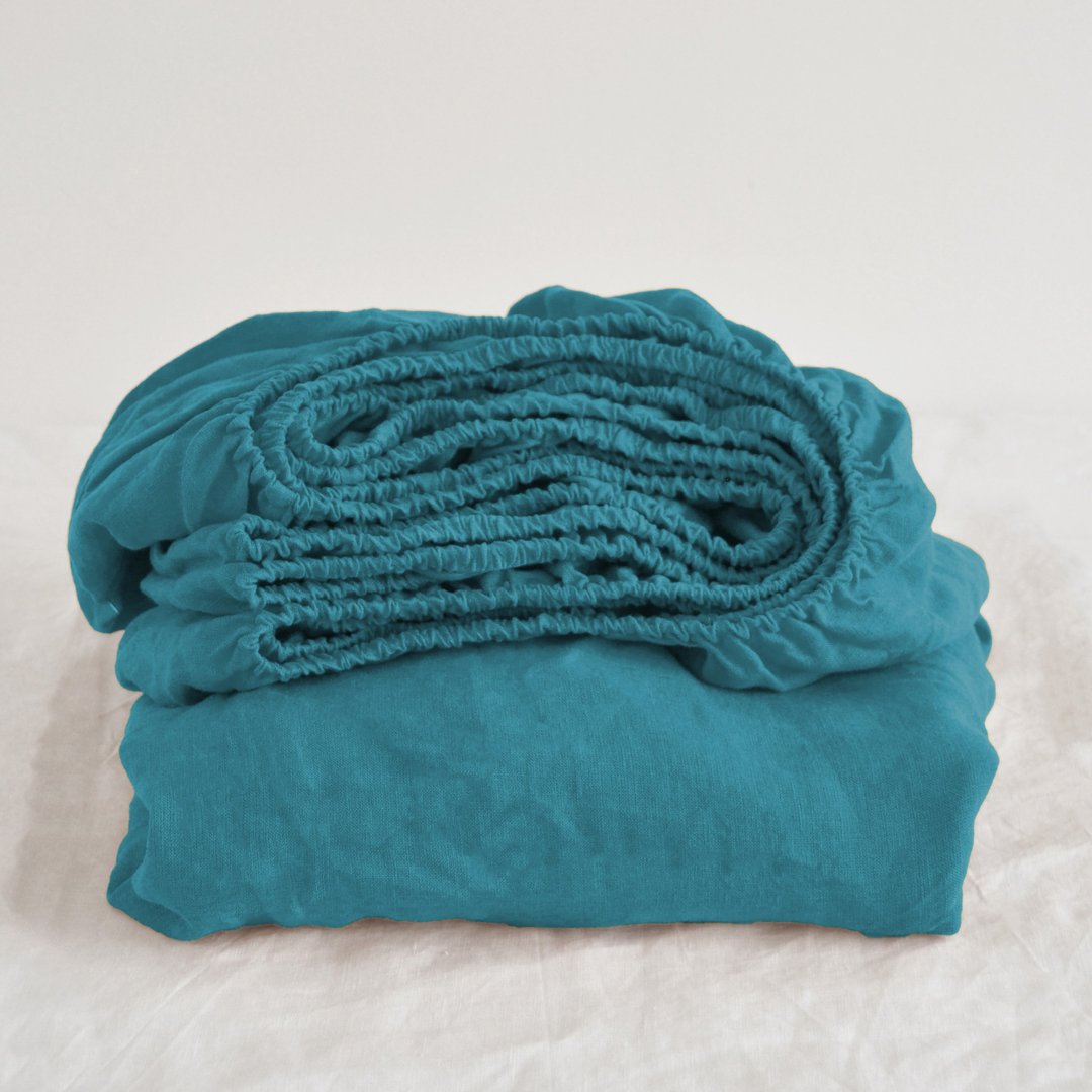Sea wave linen fitted sheet / Softened linen bed sheet / Deep pocket - 寝具 - 亚麻 蓝色