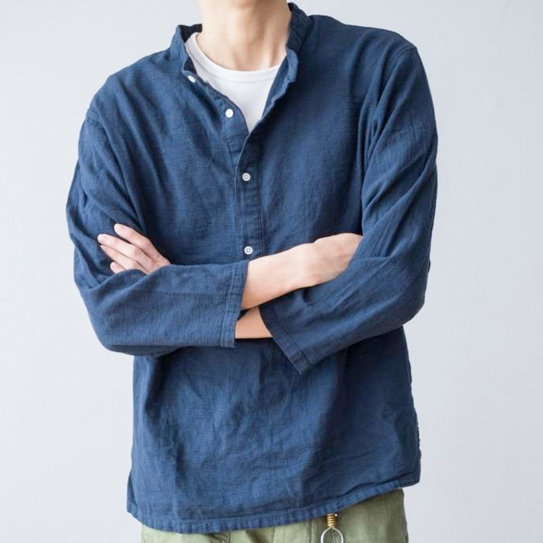 日系搭配 棉麻小立领套头襯衫 宽松款青年衬衫 秋冬換季 輕旅遊 - 男装衬衫 - 棉 蓝色