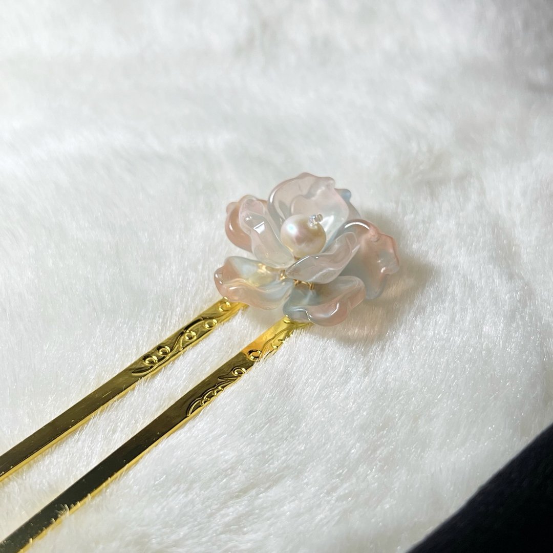 【订制款】雾蓝抹粉樱草花形珍珠素花簪 - 发饰 - 琉璃 蓝色