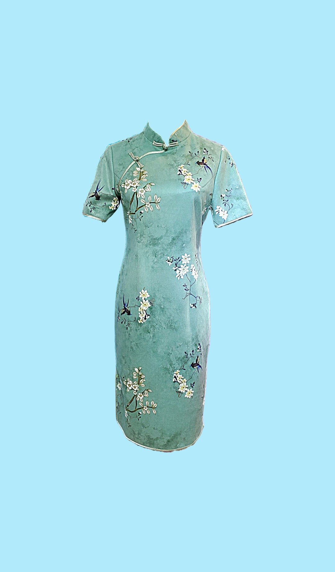 VINTAGE 悦裳 新式复古旗袍 长裙 连身裙 仿麂皮绒短旗袍 - 旗袍 - 棉．麻 绿色