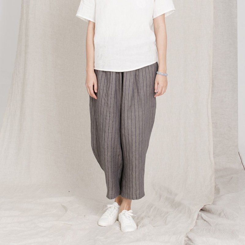 不服 寬鬆條紋亞麻長褲 闊腿褲 防曬夏天褲子 P161009 - 女装长裤 - 棉．麻 卡其色