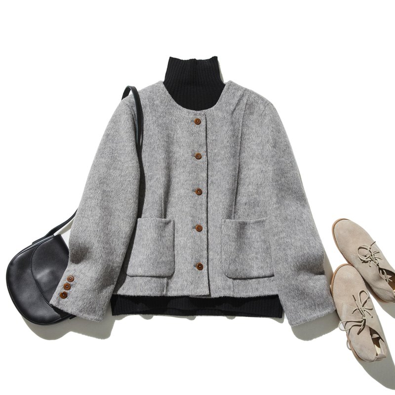 简约时尚双面羊毛大衣 羊毛混纺短版外套 浅灰色 250201-1 - 女装西装外套/风衣 - 羊毛 