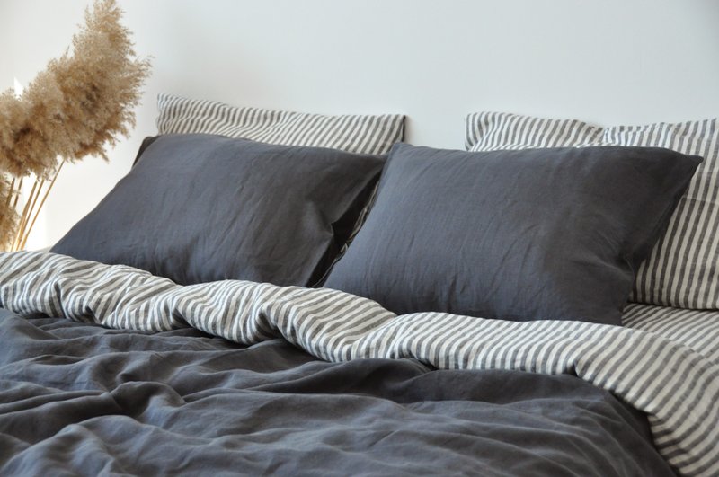 Charcoal double-sided linen duvet cover / Softened linen / Comforter cover - 寝具 - 亚麻 灰色