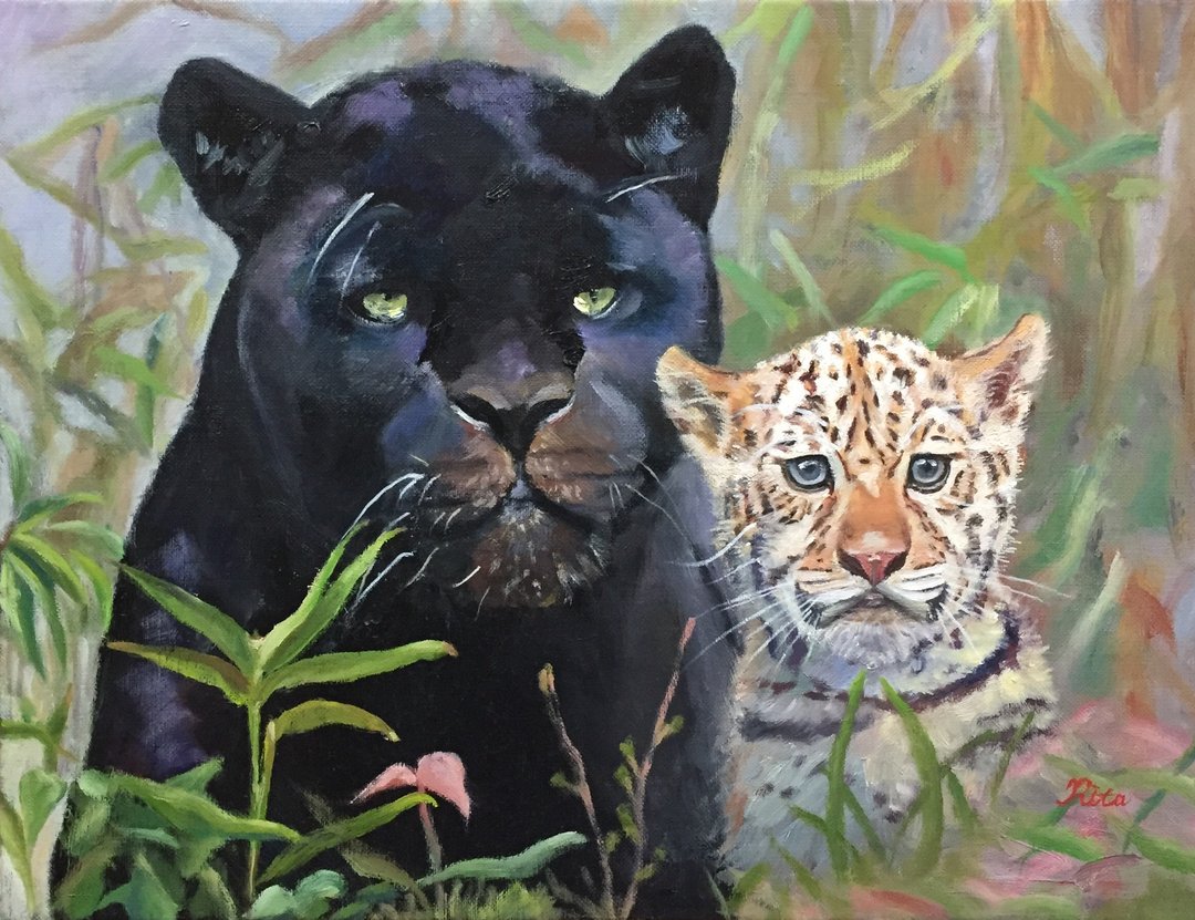 原创手绘油画-黑豹与小花豹Black Panther and Leopard cub - 海报/装饰画/版画 - 棉 