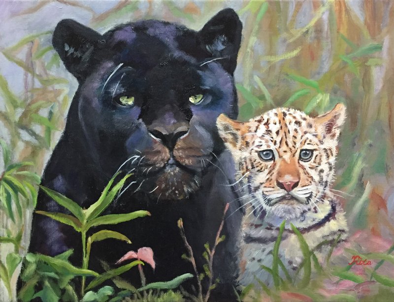 原创手绘油画-黑豹与小花豹Black Panther and Leopard cub - 海报/装饰画/版画 - 棉．麻 