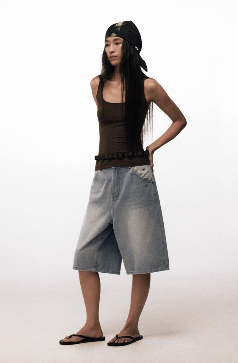 星河 尼龙拼接牛仔中裤 - 女装短裤 - 其他材质 蓝色