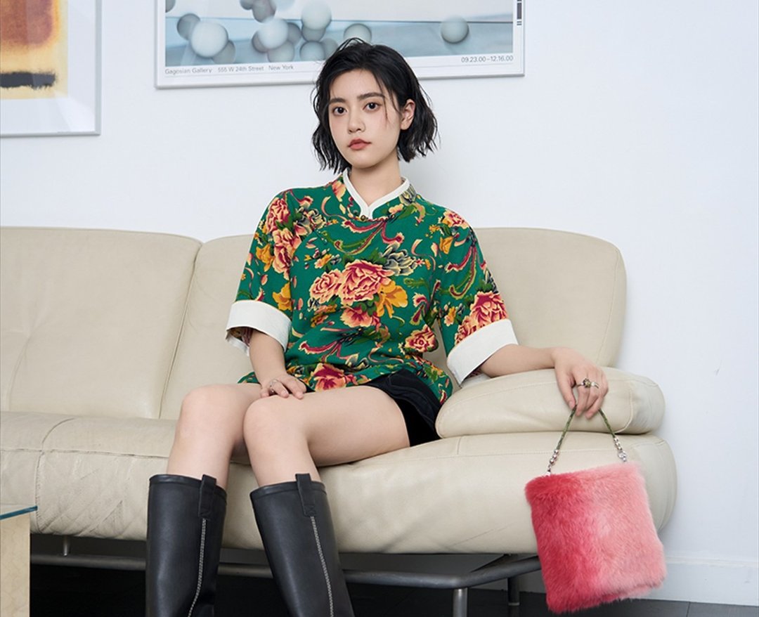 早春多巴胺 港风复古藏服 东北花碎花短袖衬衫 - 女装上衣 - 其他材质 绿色