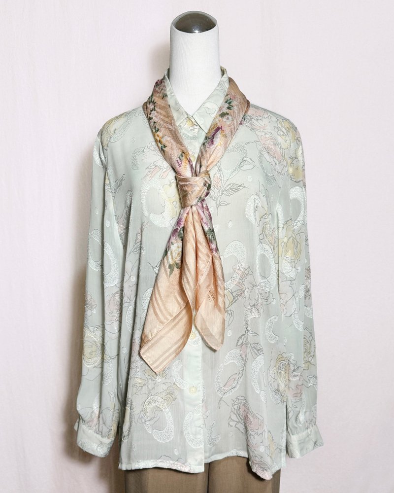 春绿织纹雪纺长袖古着衬衫/ 国外带回 VINTAGE - 女装衬衫 - 聚酯纤维 绿色