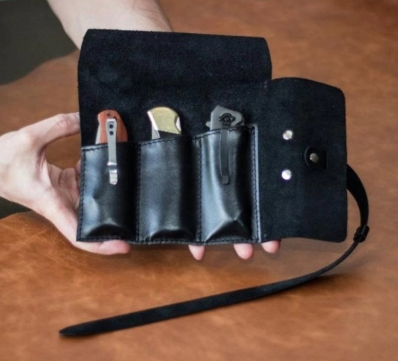 Leather pocket knife roll, pocket knife holder, Pocket knife pouch, Pocket knife - 菜刀/刀架 - 真皮 黑色