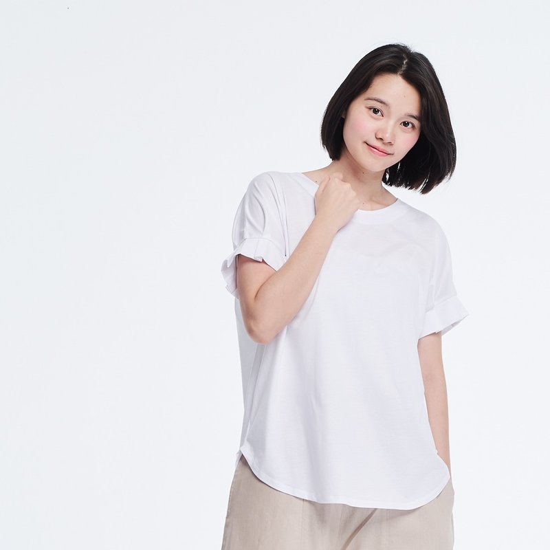 絲滑光澤珠光棉車褶花袖短TEE/深藍 - 女装 T 恤 - 棉．麻 白色