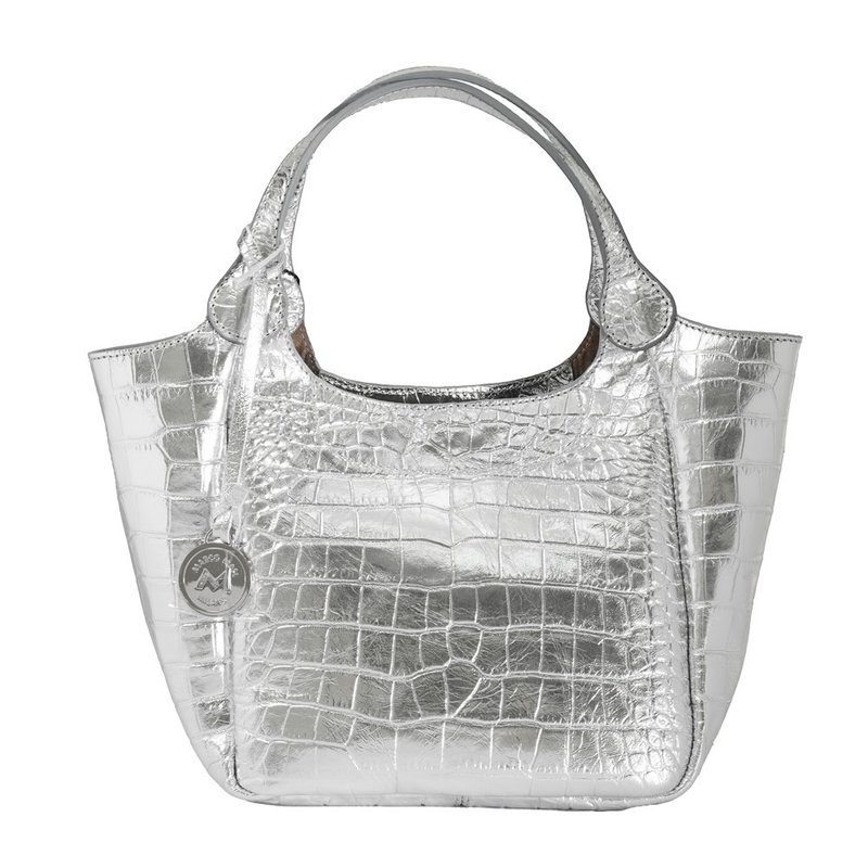 Marco Masi Milano 小牛皮鳄鱼压纹银色手提/ 肩背两用包 - 手提包/手提袋 - 真皮 银色