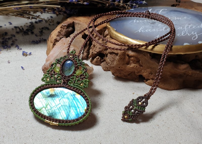 L46原野绿。拉长石 南美蜡线编织项链 - 项链 - 其他材质 咖啡色