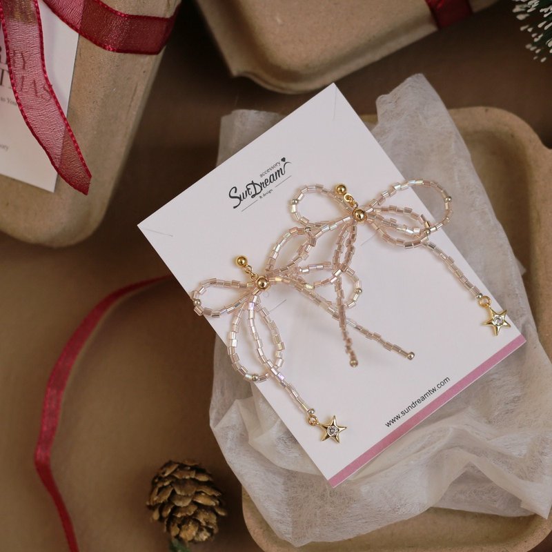 【圣诞微光礼盒】香槟柔粉-圣诞蝴蝶结耳环 圣诞礼物 定制化字母 - 项链 - 琉璃 红色