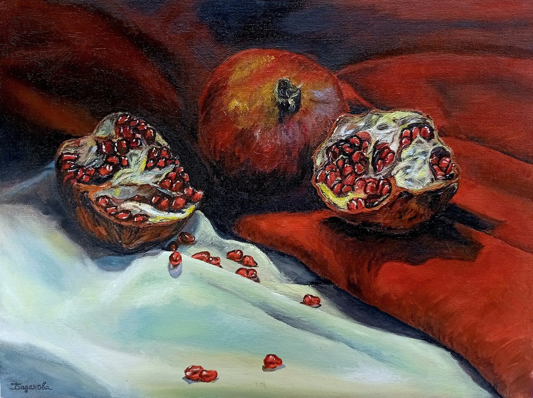 Pomegranate Painting Original Art On Canvas Still Life With Grenades Oil Artwork - 海报/装饰画/版画 - 其他材质 多色
