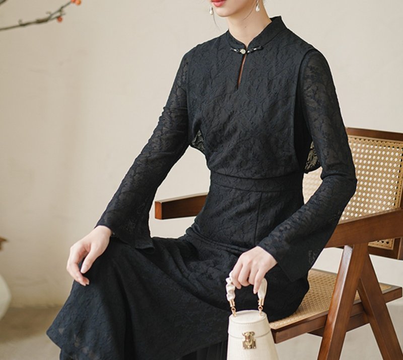 新中式 秋冬新中天丝水滴立领气质长款改良版旗袍连衣裙洋裝 - 洋装/连衣裙 - 丝．绢 黑色