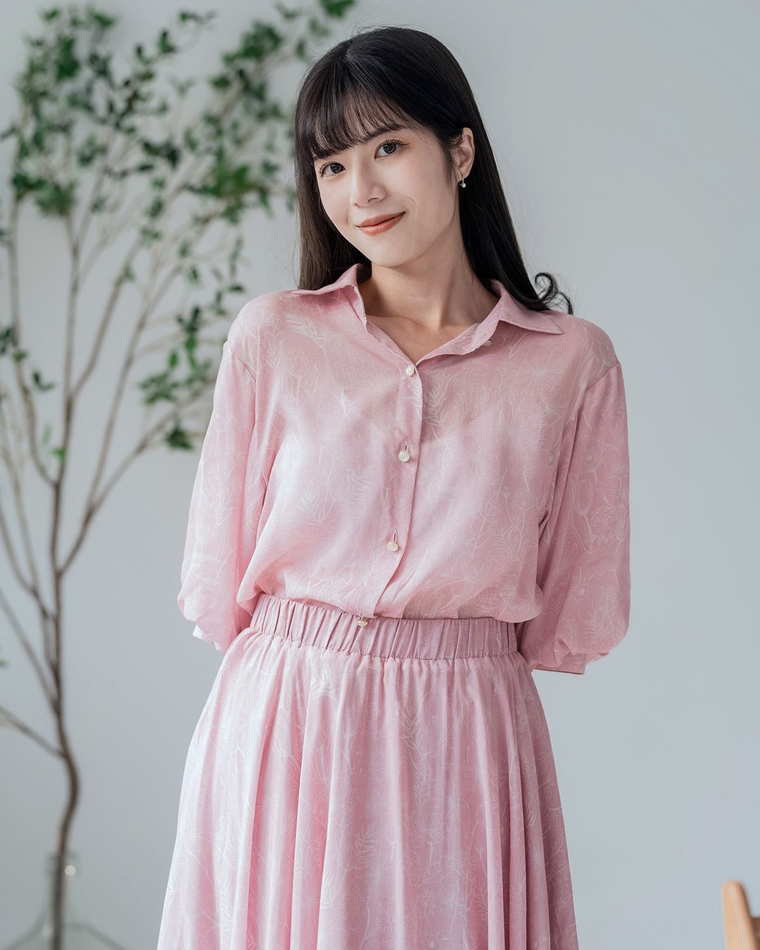 【波丽印花】透气凉爽 度假宽松衬衫 七分袖 灯笼袖 京都平等院 - 女装衬衫 - 棉 粉红色