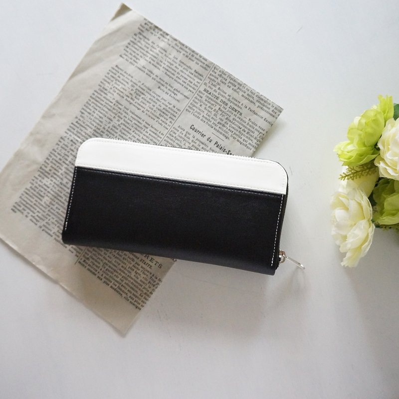 Elegant Bicolor Round Zipper Purse White Black - 皮夹/钱包 - 真皮 黑色
