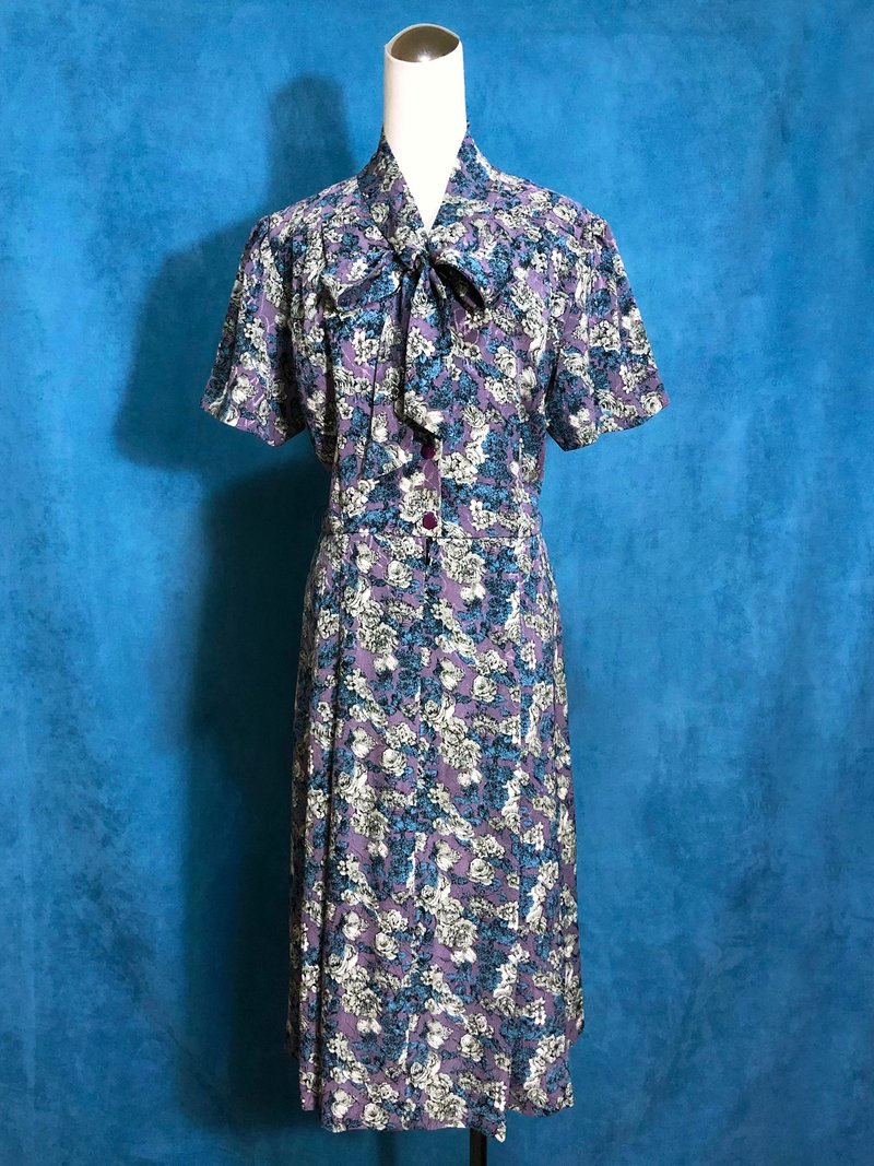 花朵织纹领结轻古董短袖洋装/ 国外带回 VINTAGE - 洋装/连衣裙 - 聚酯纤维 紫色
