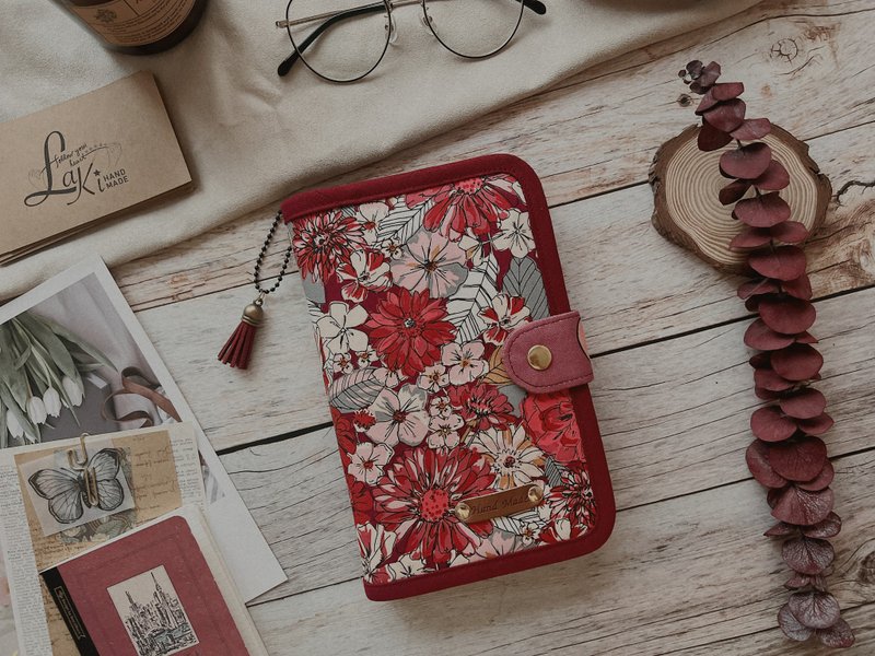 自信绽放花系列//A6活页手帐书套.A5手册书套 - 化妆包/杂物包 - 棉．麻 红色