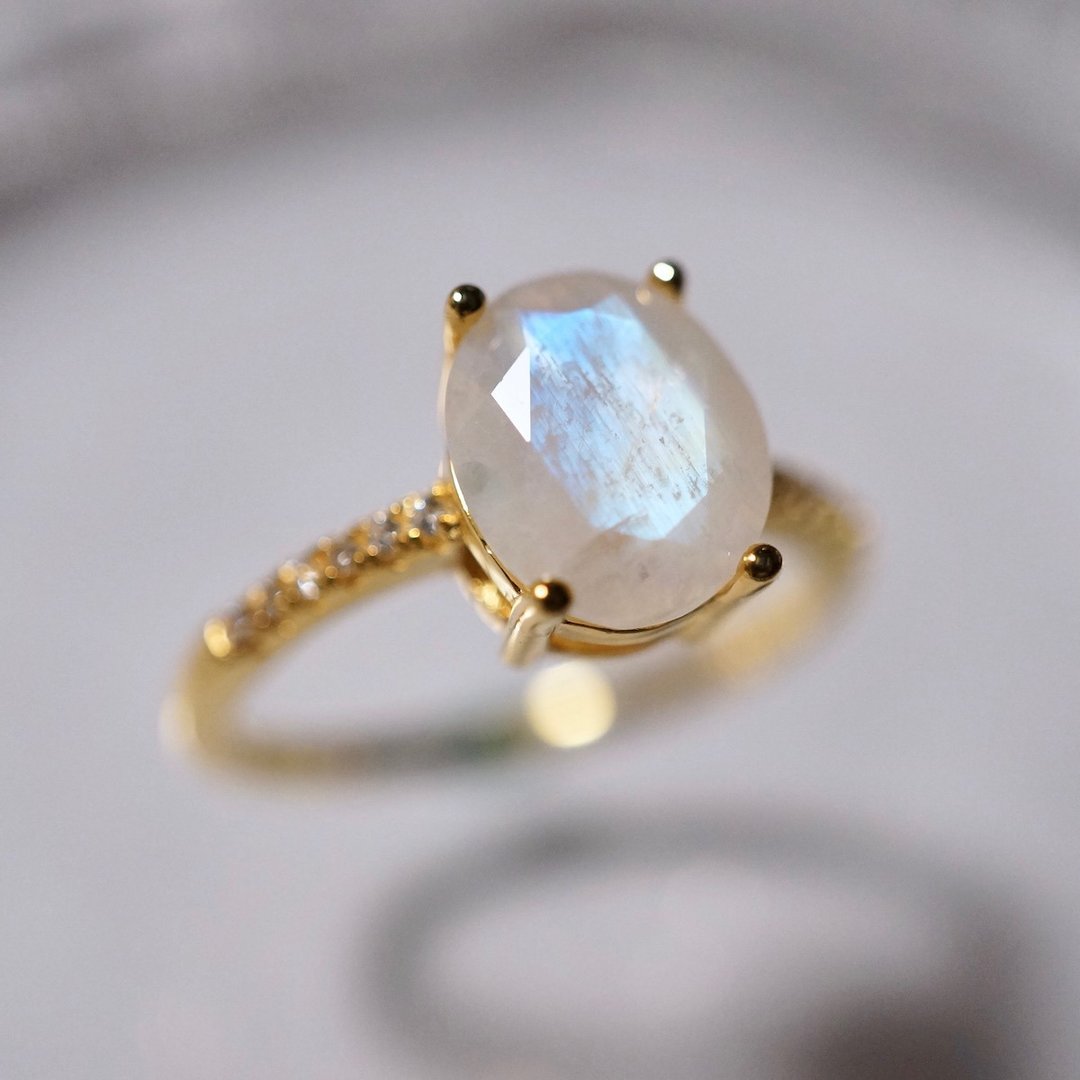 ITS-R168【宝石戒指・moonstone・月光石・10x8mm】925银镀金戒指 - 戒指 - 半宝石 金色