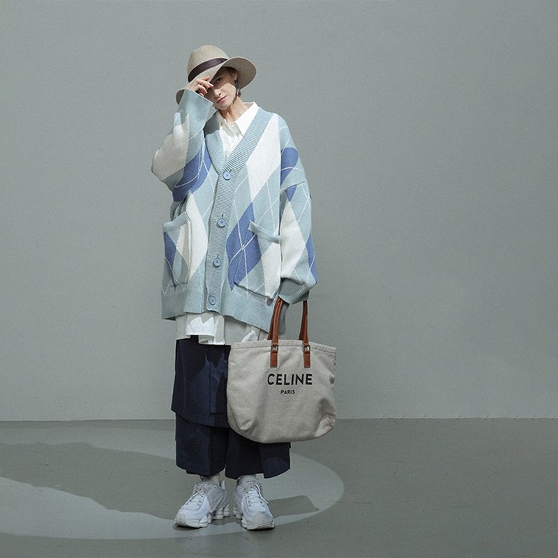 Unvesno复古撞色开衫毛衣日系菱格V领针织衫外套 情侣款CT-2077 - 男装针织衫/毛衣 - 棉．麻 