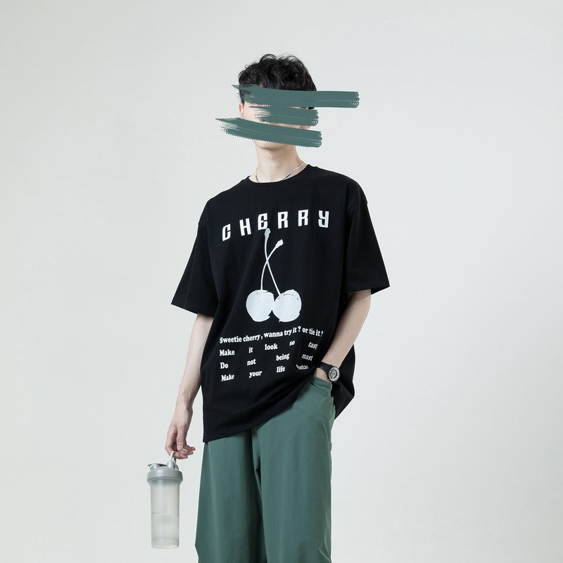 Cherry印花短袖上衣 / 黑 / - 男装上衣/T 恤 - 棉．麻 黑色