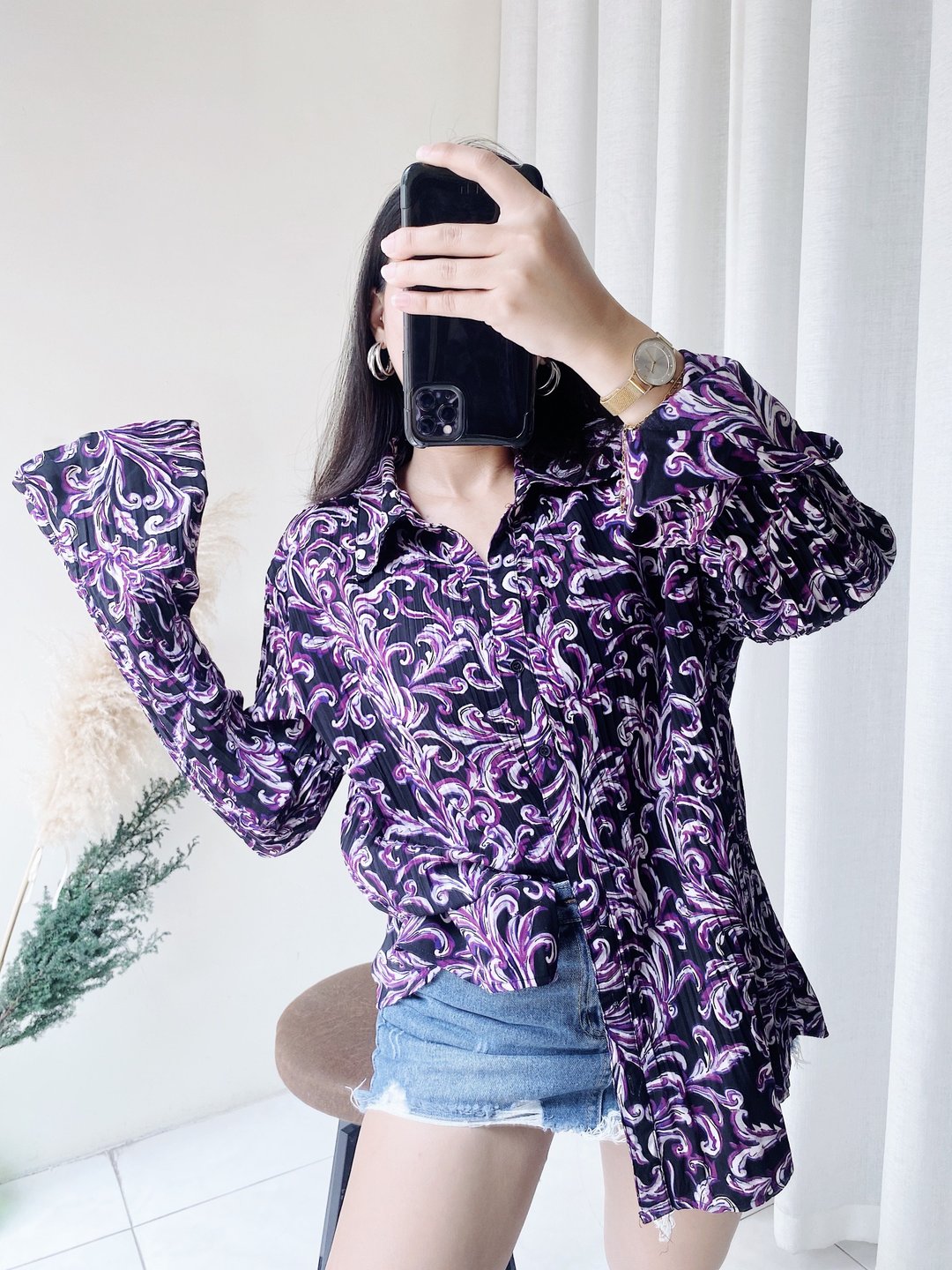 紫色渲染花卉细压纹喇叭袖 古着纺纱衬衫上衣vintage Shirt - 女装衬衫 - 聚酯纤维 紫色