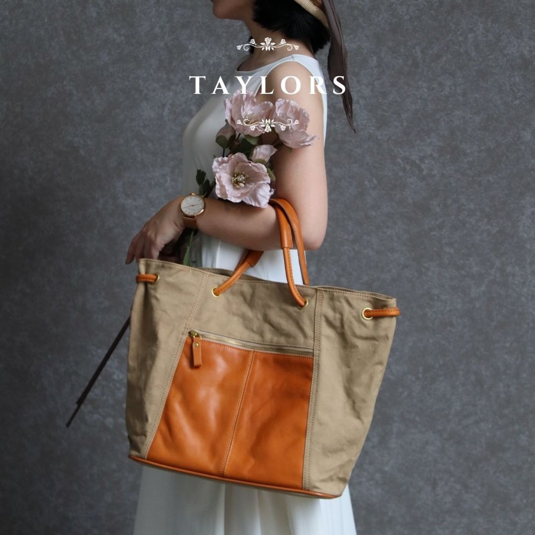 【TAYLORS】Youna 植鞣革帆布侧肩包 植鞣真皮&厚磅帆布 收折变形 - 手提包/手提袋 - 棉 卡其色