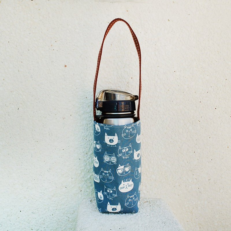猫咪头_蓝 水壶袋 - 随行杯提袋/水壶袋 - 棉．麻 蓝色