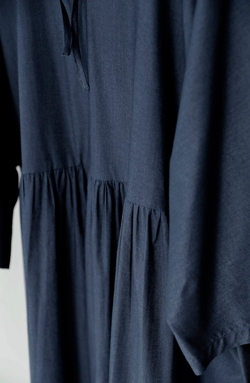 色织星空蓝纯棉 抽褶大摆洋装 - 洋装/连衣裙 - 丝．绢 蓝色