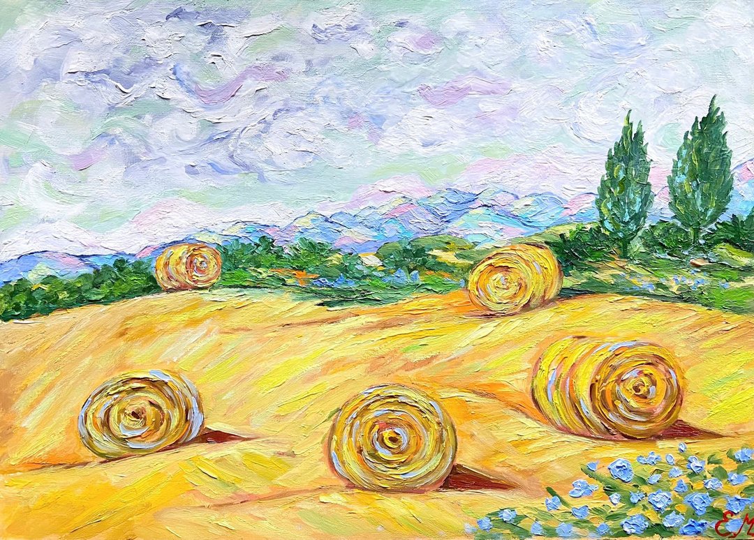 普罗旺斯风景 田野绘画 特殊纸上的油画 印象派艺术 墙面装饰理念 - 墙贴/壁贴 - 纸 绿色