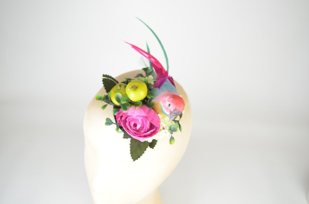 Headpiece Cocktail Hat with Bright Feathered Bird with Silk Flowers and Apples - 发饰 - 其他材质 粉红色