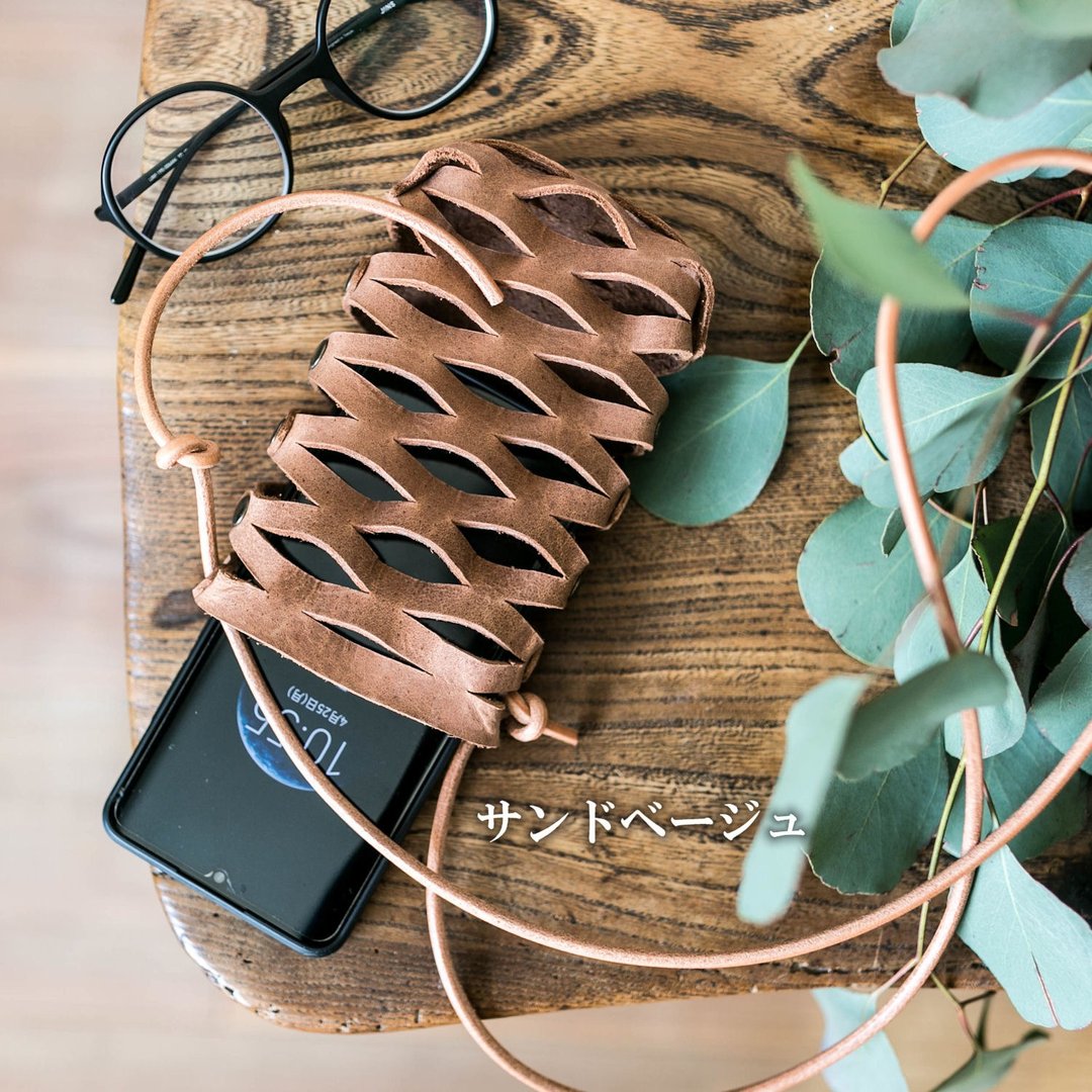 Leather mesh basket / smartphone sacoche / glasses case - 手机壳/手机套 - 真皮 黑色