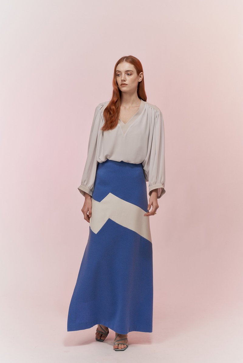 蓝白毛料长裙 - 裙子 - 羊毛 白色