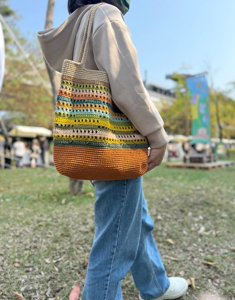 肩背 大 彩色编织包  手工编织 棉 - 侧背包/斜挎包 - 棉．麻 多色