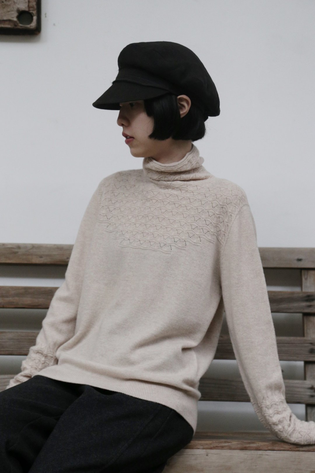 温暖高质感 冬季必备立体波浪纹 100%羊毛高领毛衣 四色 251110 - 女装针织衫/毛衣 - 羊毛 卡其色