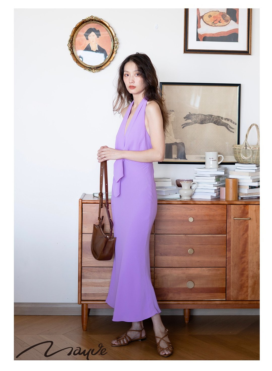 Mauve Studio 时尚梦幻紫色连衣裙胸口系结挂脖修身弹力女装 - 洋装/连衣裙 - 其他材质 紫色