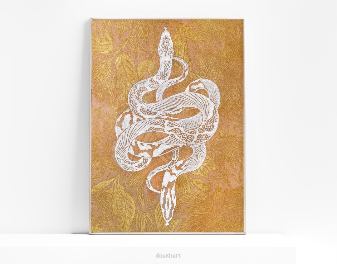 可打印的油毡版画白色花蛇金玉兰花植物海报 - 电子手绘真人画像/绘画/插画 - 其他材质 