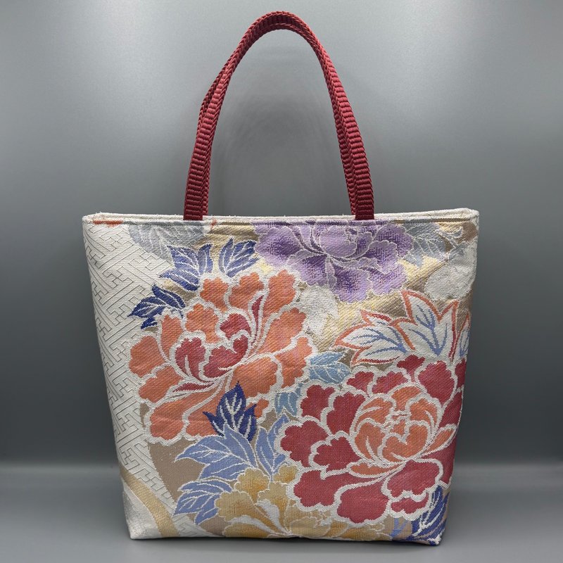 和服 腰带 腰绳 手工 托特包 再造 粉红 银色 佐贺锦 草花圆纹 正绢 - 手提包/手提袋 - 丝．绢 银色