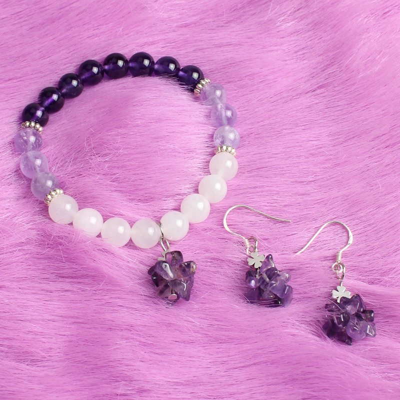 一套穿搭 | 设计师经典手创 | 紫水晶手链+耳环套组 | 紫恋薰衣草 - 手链/手环 - 水晶 紫色