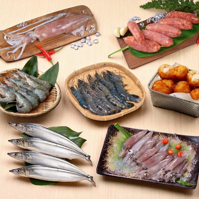 经典海味烤肉组(草虾+白虾+秋刀鱼+透抽+飞鱼卵香肠+花枝丸+小卷) - 其他 - 新鲜食材 