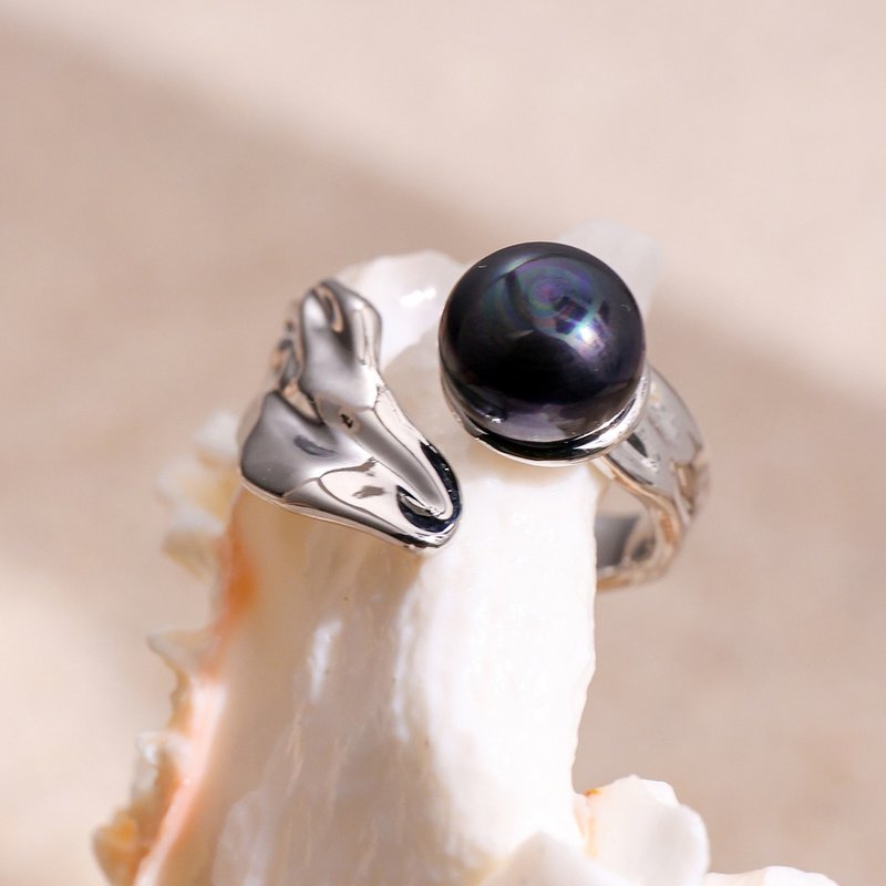 8-9mm 黑色淡水珍珠开口戒指 银色翅膀戒指 S364 - 戒指 - 珍珠 黑色