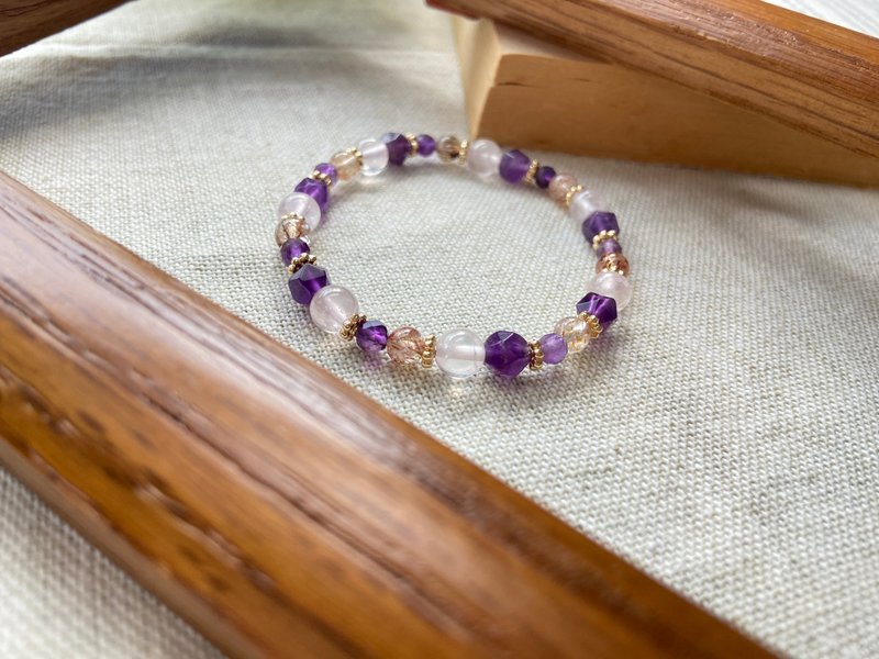 秀气叠戴。浓色紫水晶/星光粉晶/黑金超七 - 手链/手环 - 水晶 紫色