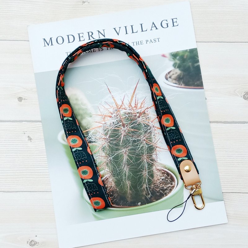 【手机背带】橘色小花/皮片铆钉版 - 手机配件 - 棉．麻 黑色