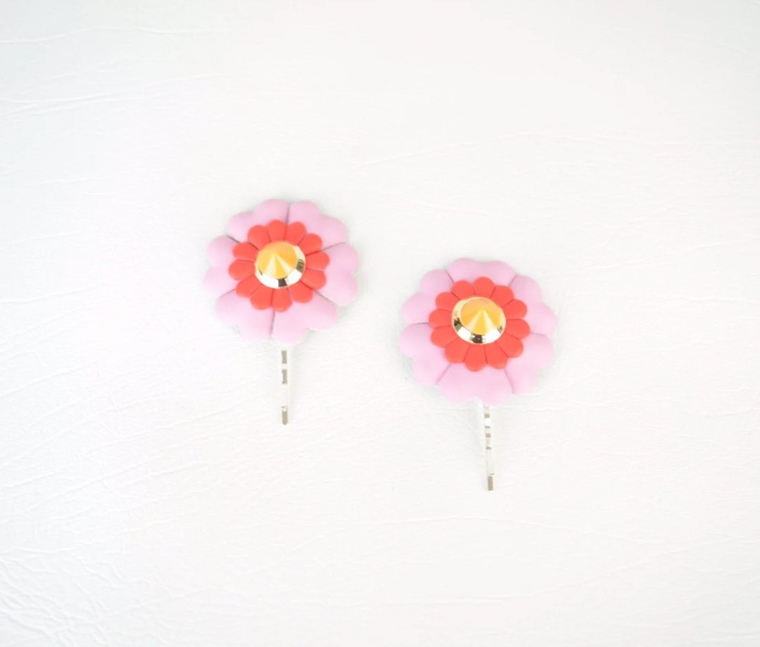Hair Clip Set of 2 Pink Orange Studded Flowers Faux Leather Childrens Fashion - 发饰 - 其他材质 粉红色