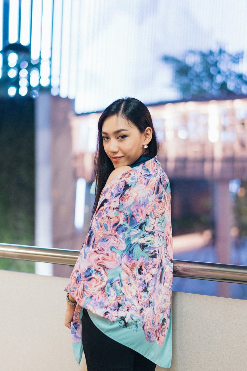 季风大理石纹 - 手工丝巾/围巾 (粉红 x 水蓝) - 丝巾 - 其他材质 