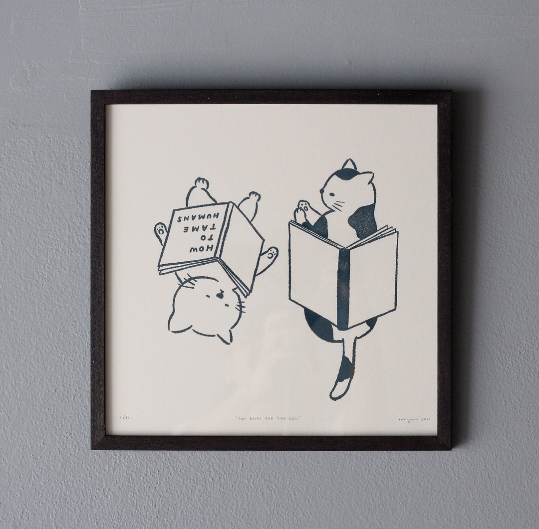 Two Books And Two Cats - 12x12 in Letterpress Print - 海报/装饰画/版画 - 纸 白色